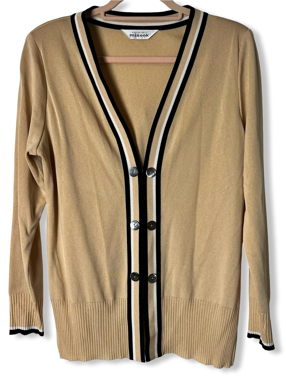 Exclusively Misook Tan Striped Trim Cardigan Pearl Buttons Career Sweater Sz M